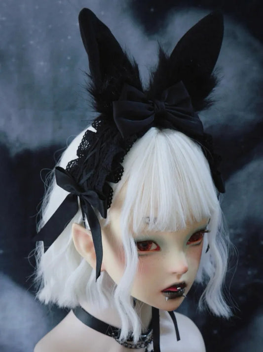 Serre-tête gothique noir avec oreilles de lapin et nœuds