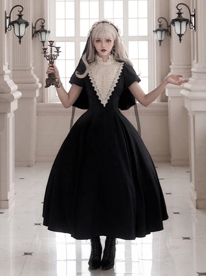 Elegant Black and Beige Ruffle Banded Collar Gothic Nun Lolita Dress