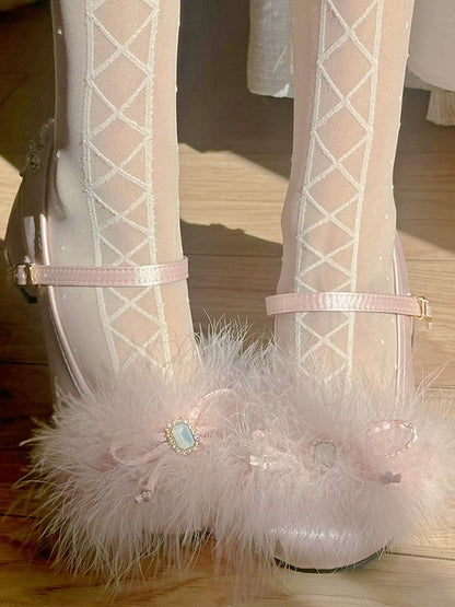 Light Pink Feather Rhinestone Bow at Top Mary Janes with Beaded Chain