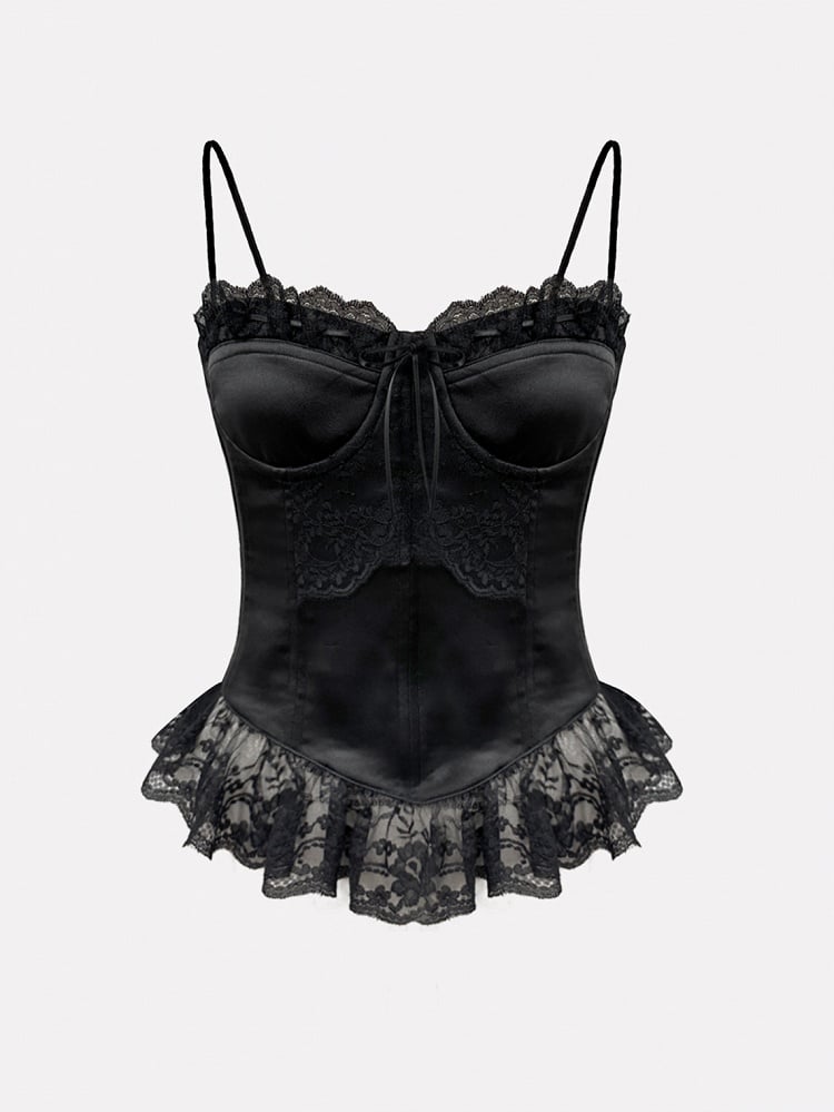 Black Satin Spaghetti Straps Boned Corset Top