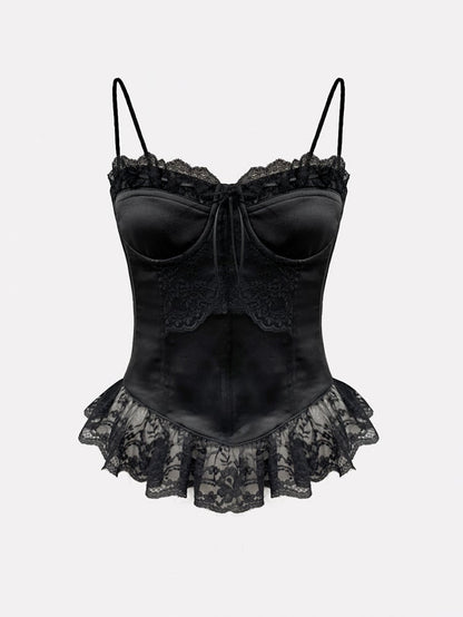 Black Satin Spaghetti Straps Boned Corset Top