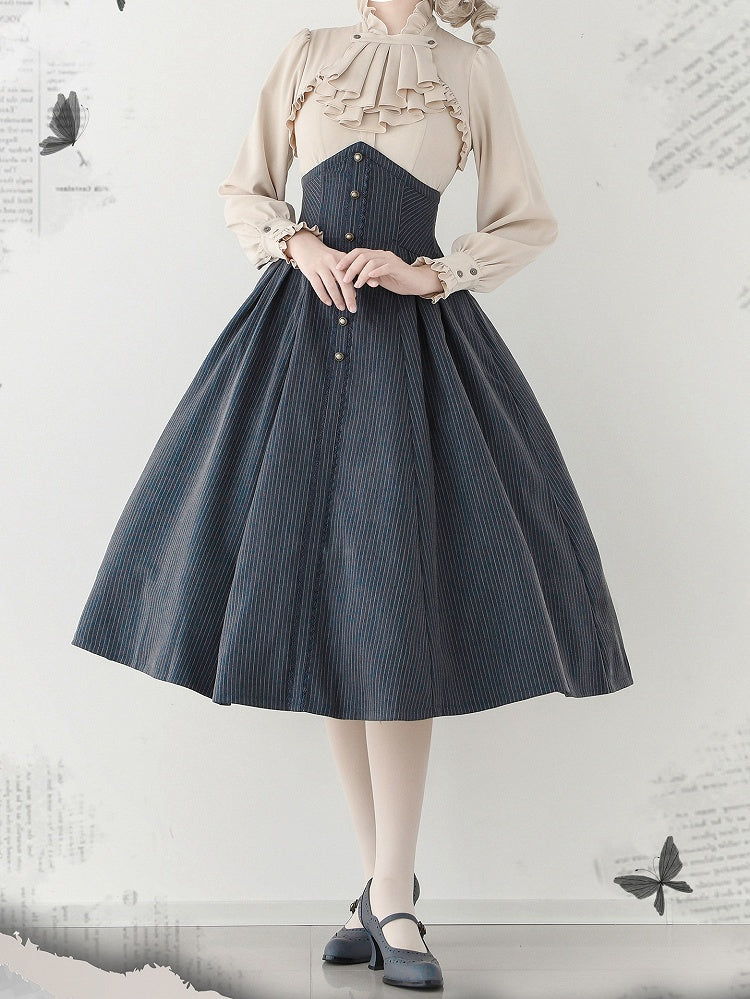 Jupe Lolita classique élégante taille haute bleu foncé poussiéreux vintage printemps