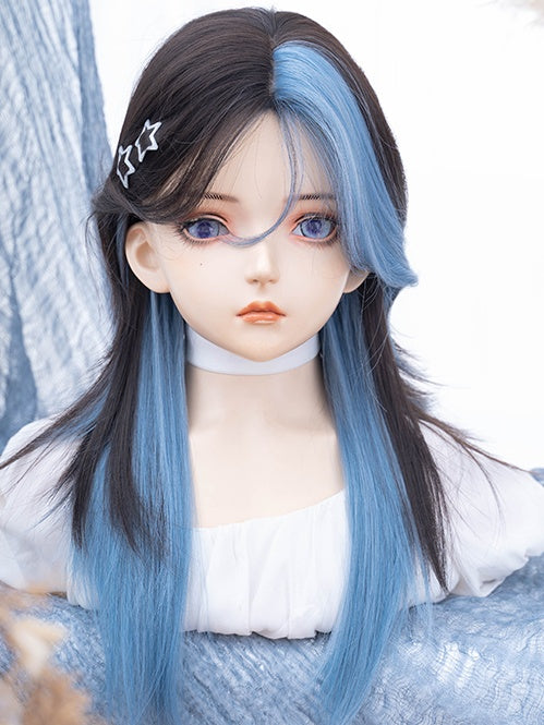 Black and Blue Highlights Long Straight Synthetic Wig With Bangs