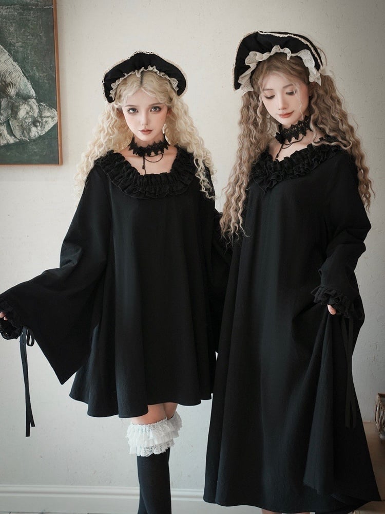 Dress Sleeves Short Neckline Version Black Ruffled Wa Long Square Lolita