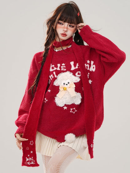 Red/Black Cute Lamb Appliques Loose Sweater with Free Scarf