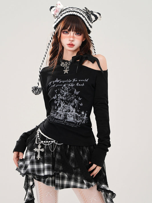 Black Letters and Butterflies Asymmetrical Neckline Long Sleeves Top
