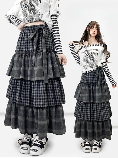 Self-tie Dark Strap Tiered Plaid Gray Pattern Skirt Bittersweet