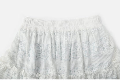 Jupe Mori Kei à carreaux en patchwork de dentelle bleue et blanche à taille haute