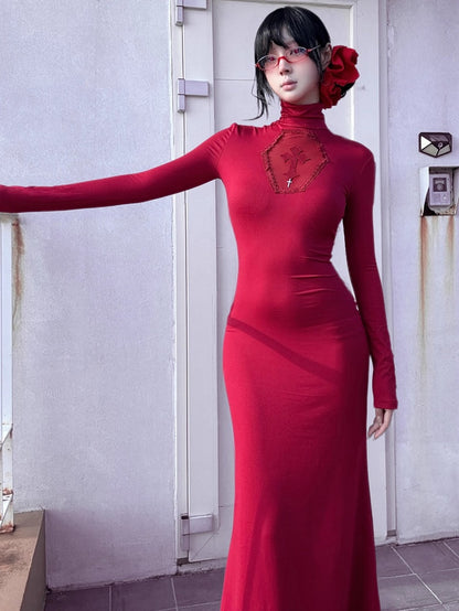 Gothic Red Coffin Cutout Cross Details High Neck Mermaid Skirt Maxi Dress