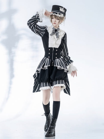 Black and White Ouji Lolita Circus Magician Vibes Striped Long Sleeves Shirt