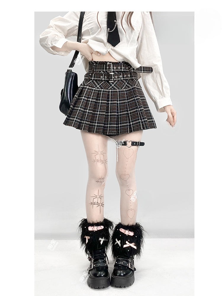 Black Plaid Pleated Skirt with Buckle Belts