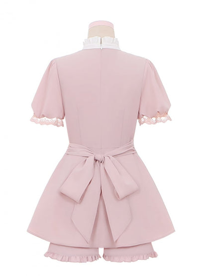 Pink Ruffle Neckline Lace Cuffs Dress Ruffle Trim Shorts