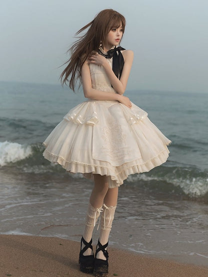 Lolita Halter Creamy Detail Embroidery Classic Delicate Backless Neck Dress