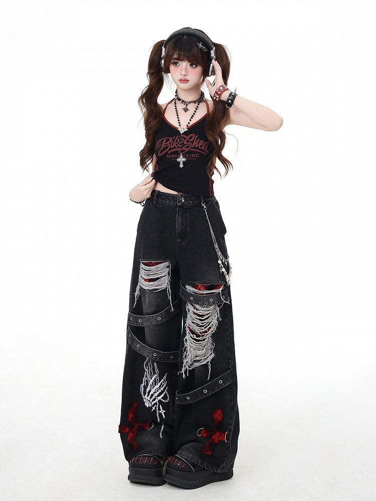 Grey/Red Plaid Punk Wide-leg Holes Faded Vintage Wash Distressed Jeans