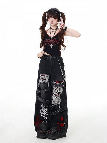 Grey/Red Plaid Punk Wide-leg Holes Faded Vintage Wash Distressed Jeans