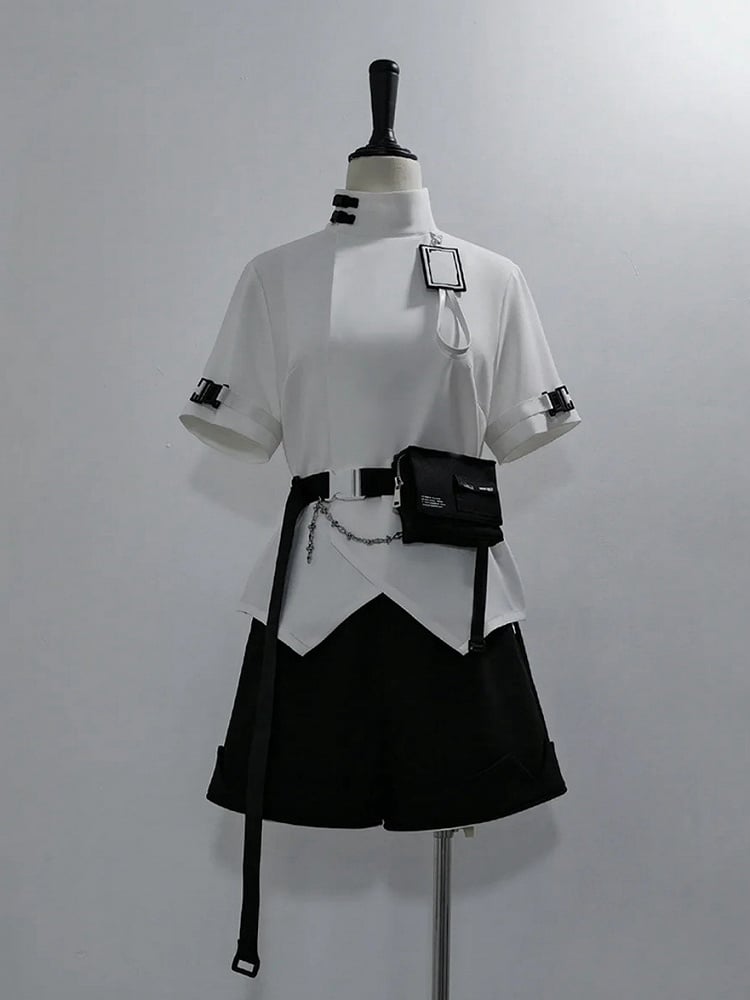 Futuristic Fashion Buckle Collar Techwear White Sleeves Short High Ouji Top