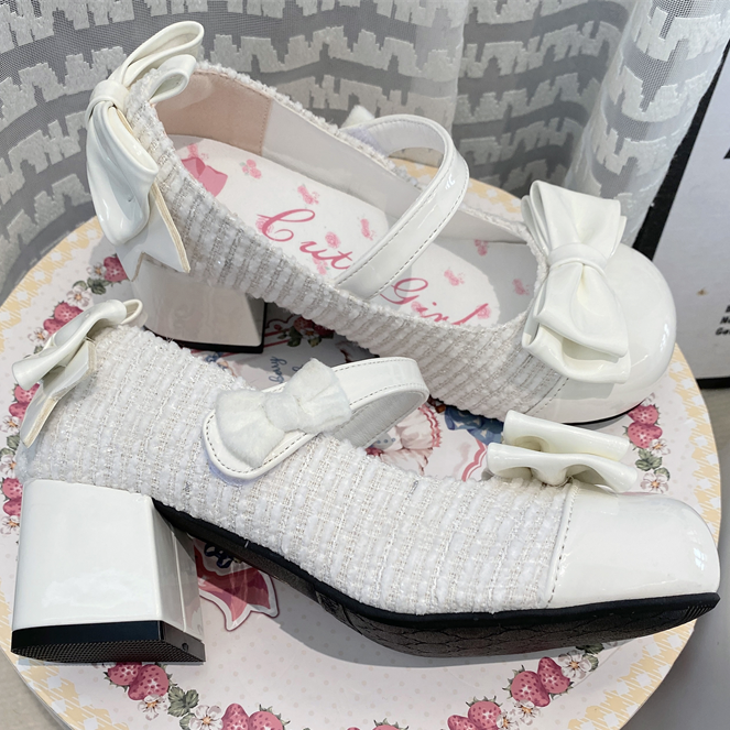 White Bowknot Round Toe 5.5CM Block Heel Lolita Mary Janes