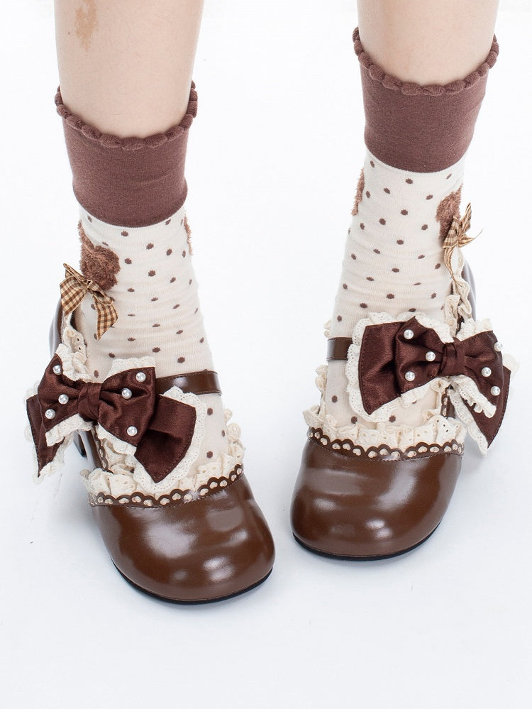 Brown Beaded Lolita Leather in Bow Trim Mid-heel Janes Heart Lace with Beads Mary Buckle Decorated PU