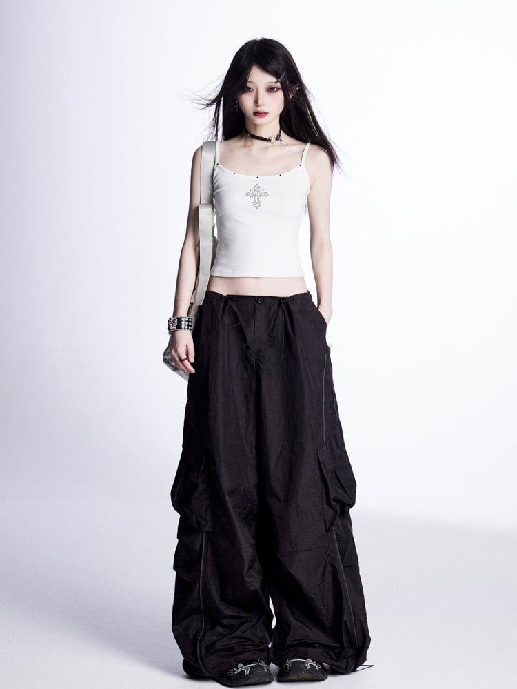 Wide-Leg Cargo Pants Waist Drawstring Cuffs Vintage Black	Low