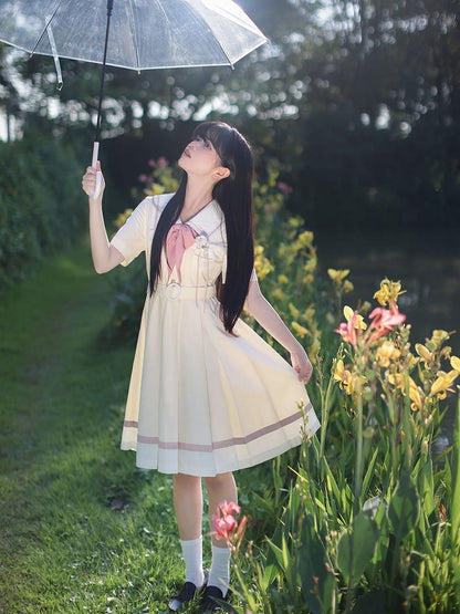 with Pleat Box Sailor Yellow Milk Waist Dress Skirt Collar Belt