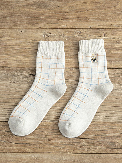 White/Black/Dark Grey Cute Bear Embroidered Striped Calf Socks