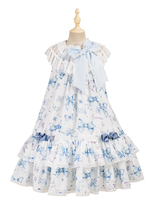 Robe Lolita à double épaisseur avec gros nœud bleu sur le décolleté