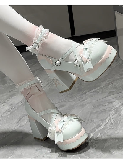 Crisscross High Toe Design Grün Sweet Block Runde Plattform Mint - Heels