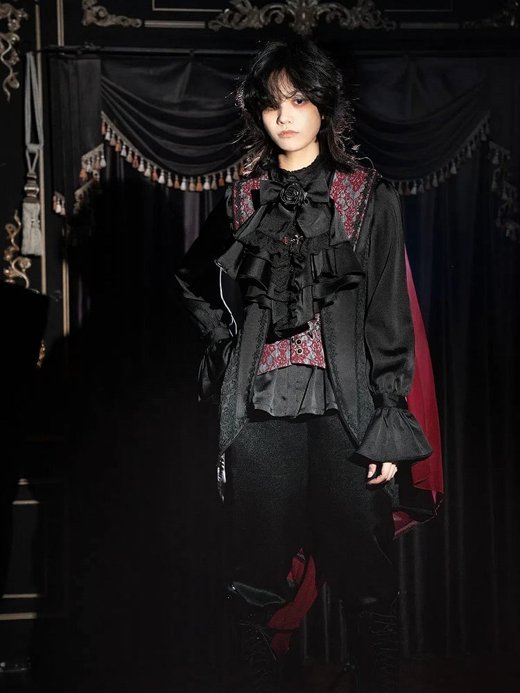 Black and Red Prince Outfit Ouji Lolita Full Set - Black Long Sleeves Shirt + Waistcoat + Black Pants