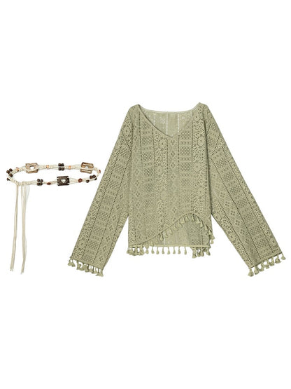 Hem Top with Belt Bohemian Green V-neck Tassels