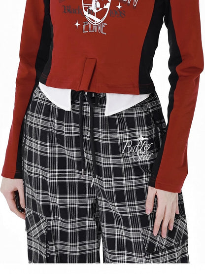 Black and Grey Letters Cargo Pockets Design Plaid Pants
