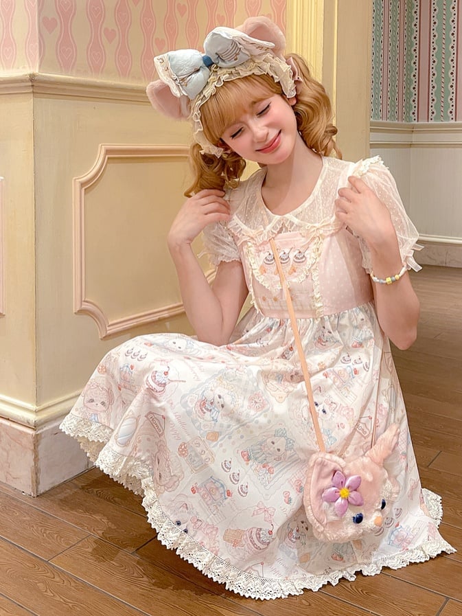 Sweet Lolita Dress Jumper Pink Flutter Sleeves Kitten and Cake Print Skirt