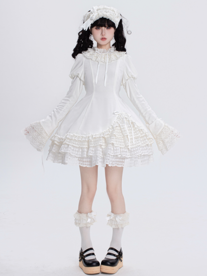 Robe Lolita Shiro à manches longues et col à volants entièrement blanche