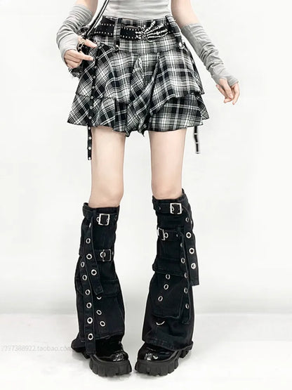 Straps Handkerchief Leg Black + Hem Buckle White Warmers Skirt Plaid