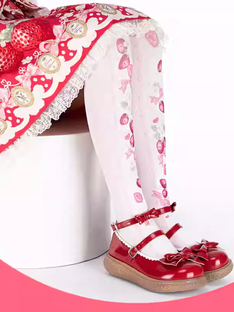 Bas Lolita roses à imprimé fraise au-dessus du genou