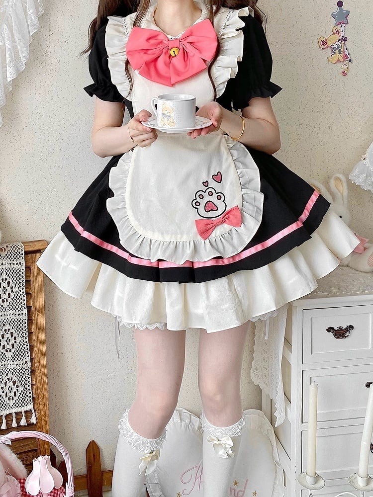 Robe tablier brodée noire et rose Sweet Maid Lolita Kitty Paw