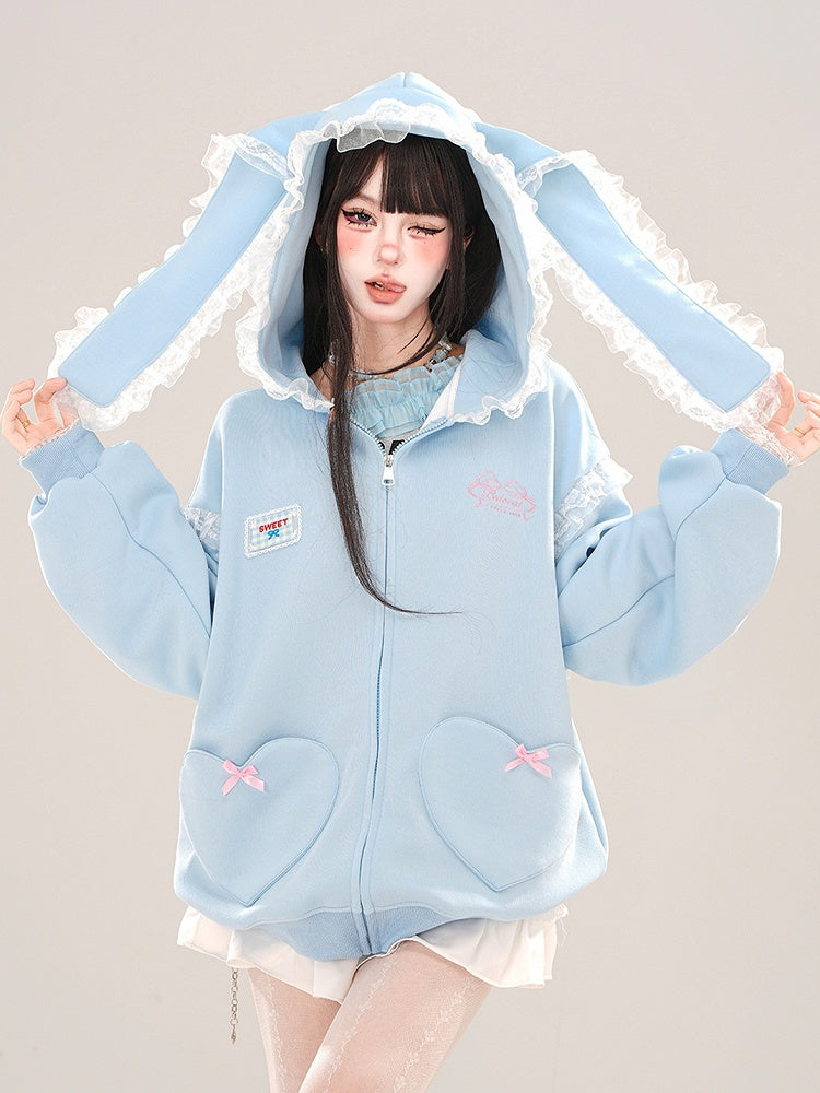 Blue/Apricot Bunny Ears Lace Trim Zip Hoodie