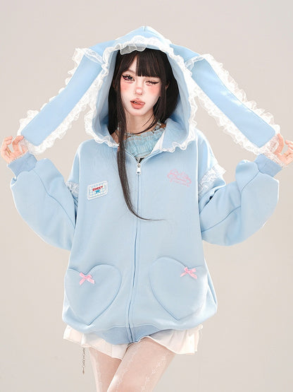 Blue/Apricot Bunny Ears Lace Trim Zip Hoodie