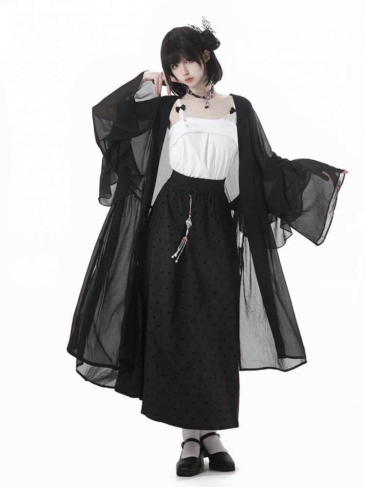 Gepunkteter Rock mit Quastenanhänger, schwarzer elastischer Bund, Cheongsam-Stil