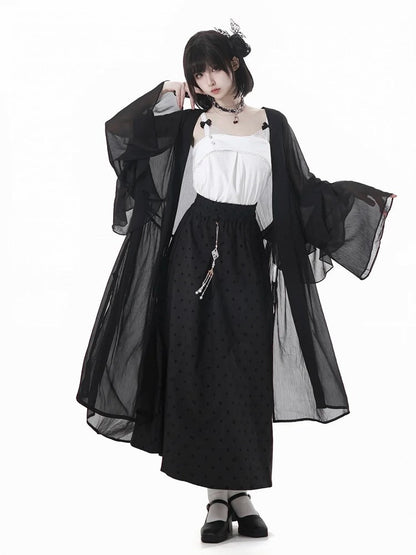Gepunkteter Rock mit Quastenanhänger, schwarzer elastischer Bund, Cheongsam-Stil
