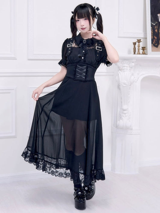 Illusion Black Neckline Dress Free Corset Jirai Buckle with Belt Adorned Kei Long