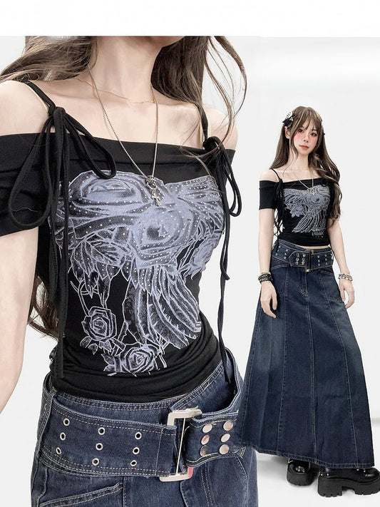 Off-the-shoulder Neckline Decorated Floral Black Rhinestone T-shirt Design Y2K