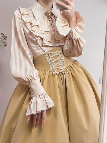 Beige Jabot Pointed Flat Collar Striped Fabric Long Sleeves Shirt