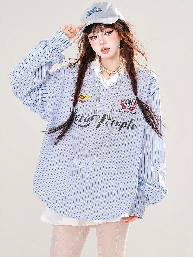 Blue/Pink Letters Embroidery V-neck Striped Loose Top