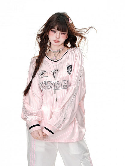 Pink/Gray Striped Pattern V-Neck Loose Sweatshirt