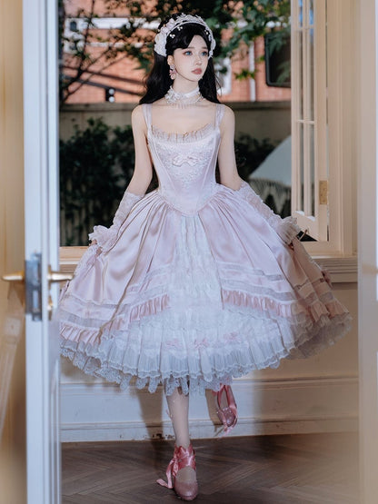 Rosette Light Pink Elegant Wedding Hanayome Lolita Jumper Skirt + Underskirt