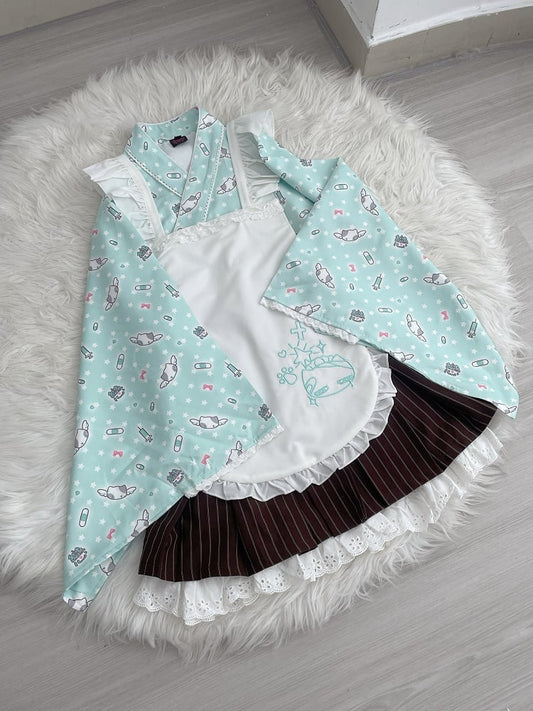Wrap Set: 3-Piece Top Kimono Green Style Mint Maid-Inspired