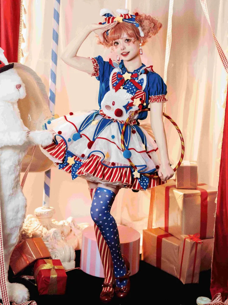 Clown Dark Bunny Dress Blue Clowncore Overalls Fleece Lolita Pastel Sweet Circus Red and Bodice