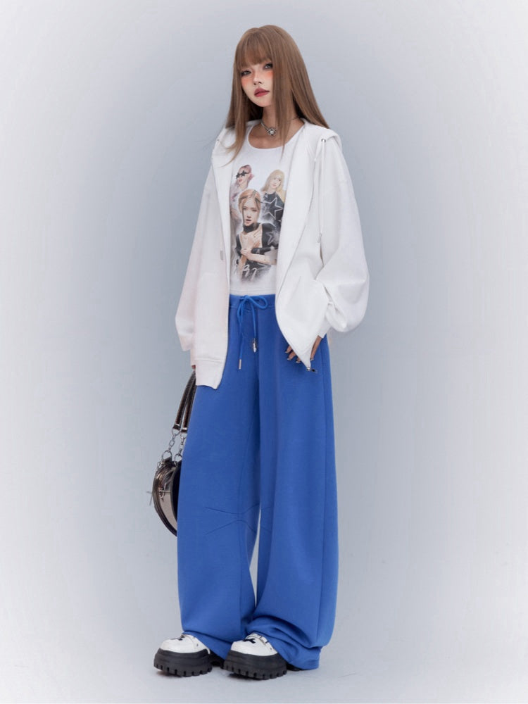 Blue Drawstring Waist Loose Straight-leg Sweatpants