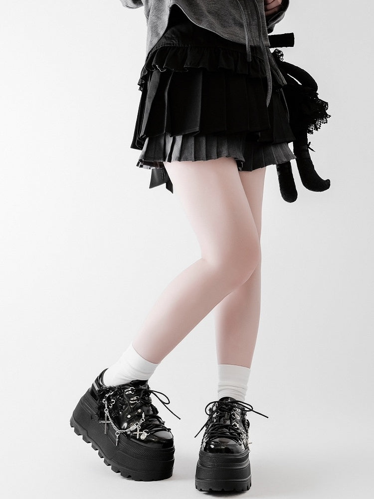 Detachable Black With Punk Front Charm Ties Design Platform Chain Lace-up Cross Shoes