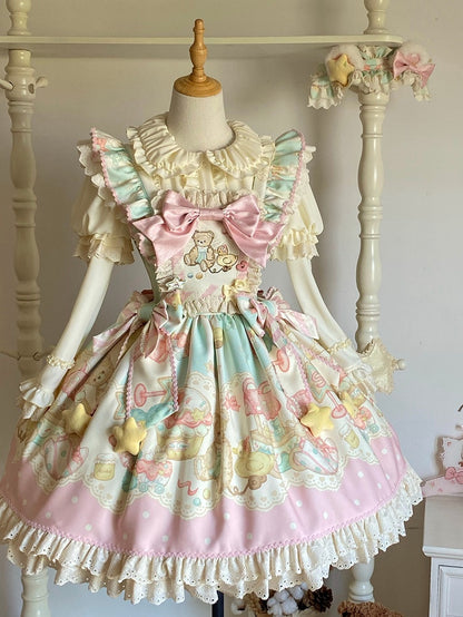 Pink and Green Teddy Print Sweet Lolita Jumper Skirt